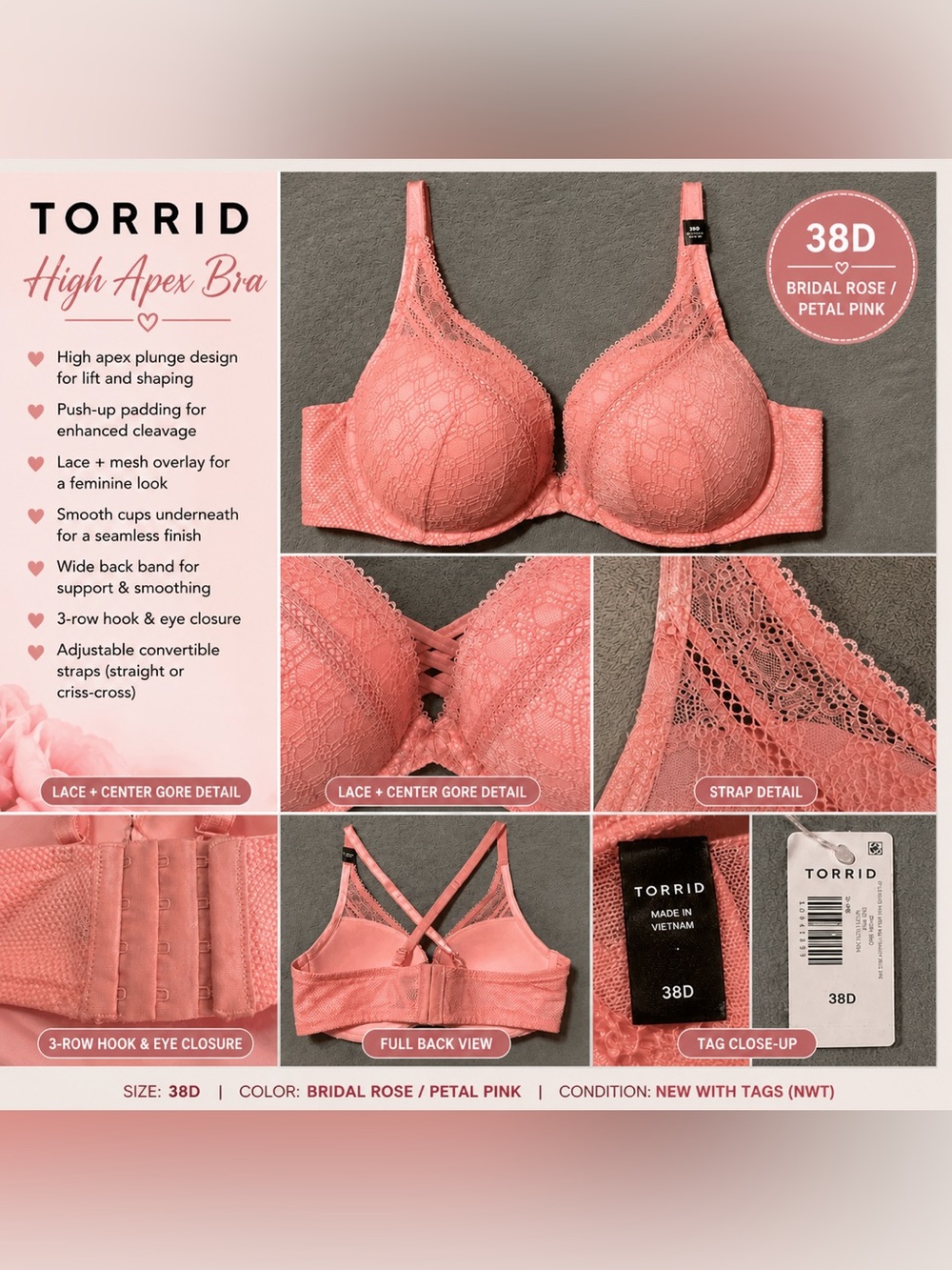 Torrid High Apex Lace Bra - 38D -  Pink - NWT - SKU: 4384783